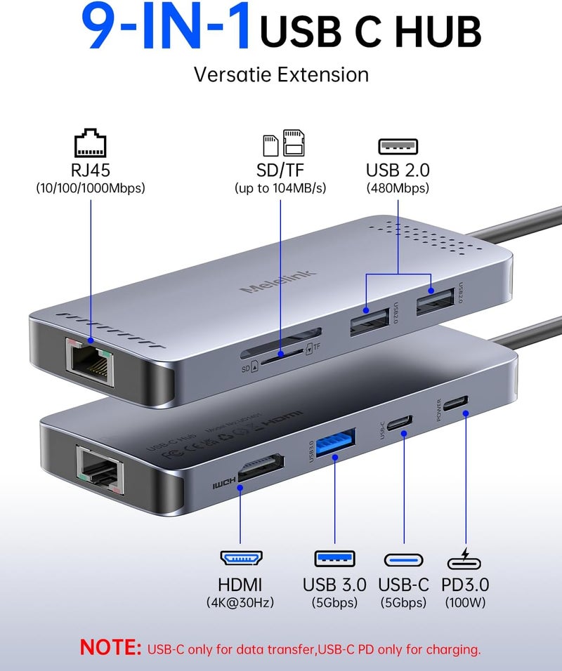 Melelink USB C Hub Ethernet, 9 in 1 USB-C to Ethernet Multiport Adapter Dongle with HDMI 4K@60Hz, 100W PD Charging, Gigabit RJ45, SD/TF Card Reader, USB A&C 3.0, USBC Dock for MacBook, Dell, Lenovo, HP - Image 2